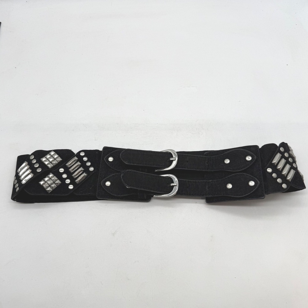 Le Chateau Black Studded Elastic Cinch Belt Double Buckle M Y2K goth moto biker